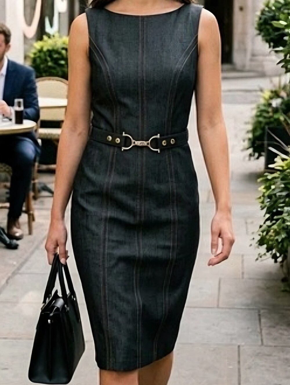 Quiet Luxury Dark Wash Belted Midi Sheath Dress Caché Contour Denim Size 2 Chic